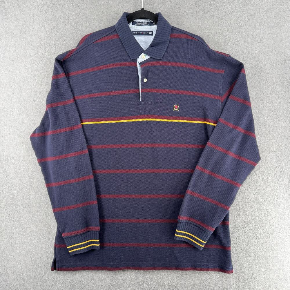 Tommy‎ Hilfiger Striped Crest Polo Sweater Mens XL Blue Rugby Long Sleeve Preppy